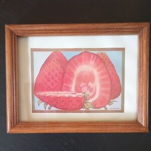 Strawberry Art Print by Richards, Brown Wood 5 x 7 Frame w/ Glass. Red & Green